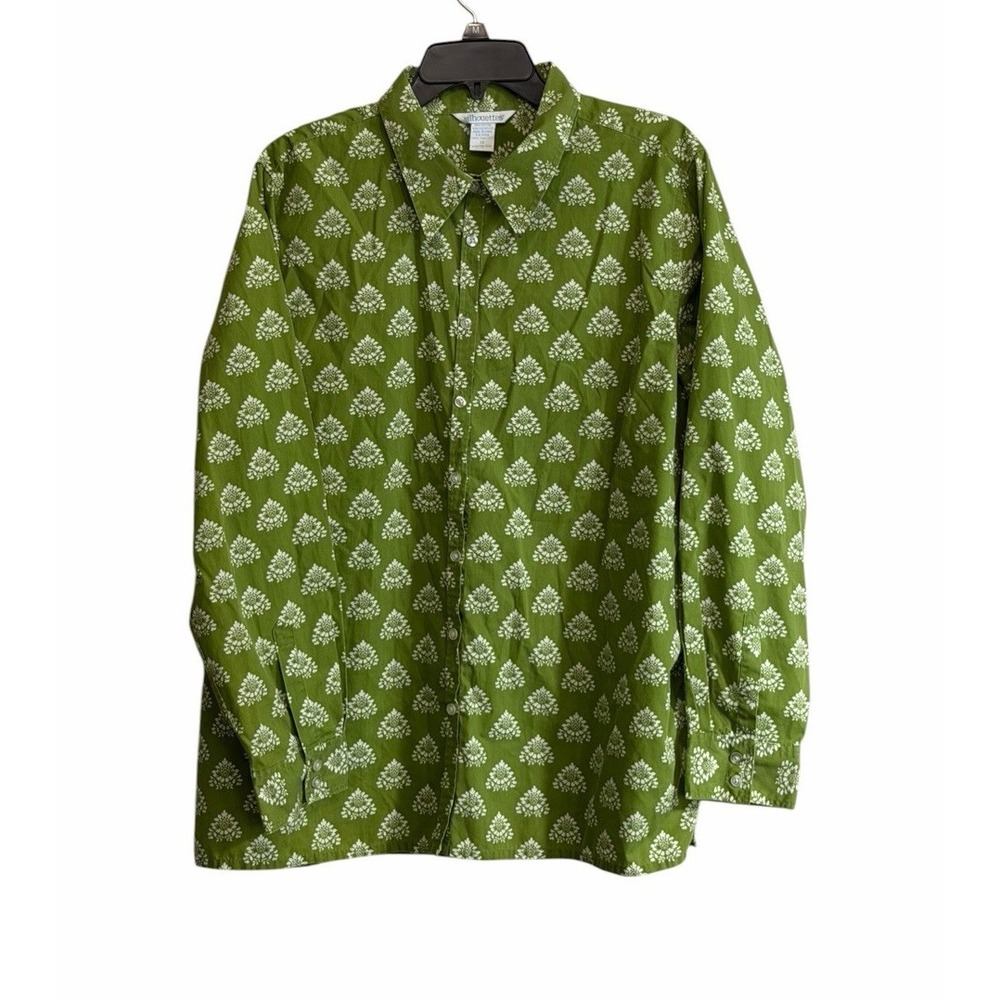 Silhouettes 1X Button Front Shirt Long Sleeve Cotton Lime Green Boho Artisanal